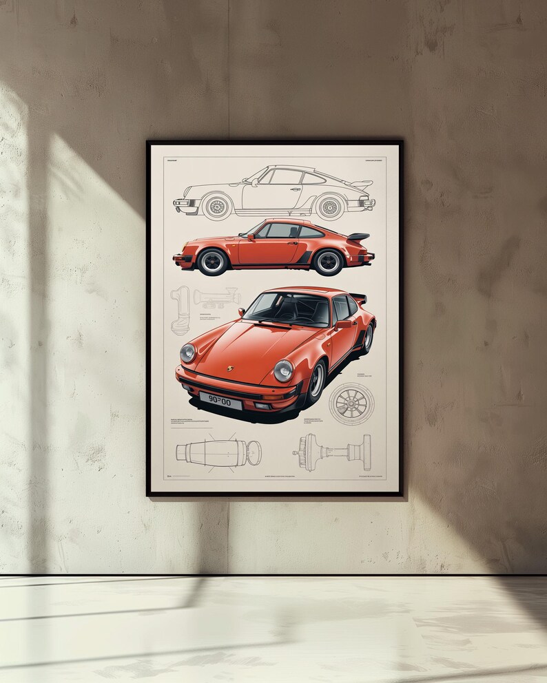 May include: A framed poster featuring technical line drawings and detailed illustrations of an orange sports car. The artwork displays the vehicle from side and front-facing perspectives, accompanied by mechanical diagrams of car components.