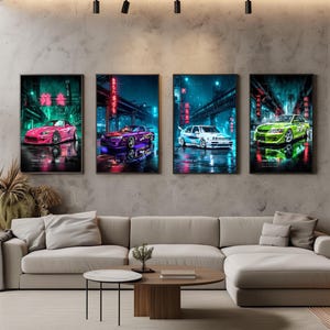 May include: Four vertical framed wall art prints featuring sports cars in a neon-lit urban environment. The prints display a pink car, a purple car, a white car, and a lime green car, each parked on a wet street with glowing signs and city lights.