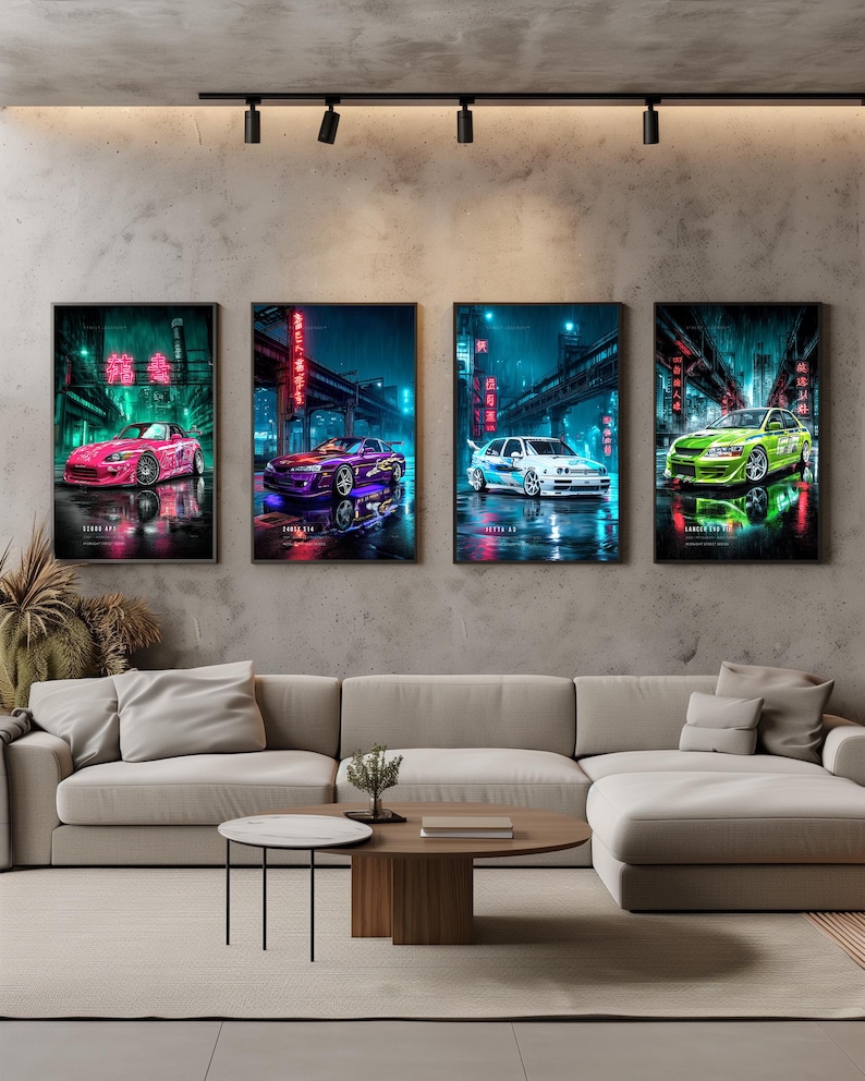 May include: Four vertical framed wall art prints featuring sports cars in a neon-lit urban environment. The prints display a pink car, a purple car, a white car, and a lime green car, each parked on a wet street with glowing signs and city lights.