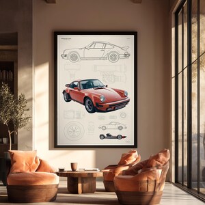 May include: A framed wall art print featuring a technical illustration of a Porsche 911. The print displays a large, detailed orange car in the center, surrounded by line drawings of the vehicle's profile, wheels, and engine components on a white background.