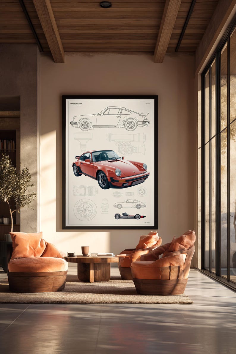 May include: A framed wall art print featuring a technical illustration of a Porsche 911. The print displays a large, detailed orange car in the center, surrounded by line drawings of the vehicle's profile, wheels, and engine components on a white background.
