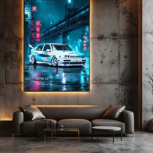 May include: A framed wall art print featuring a white Jetta A3 car with blue graphic decals, parked on a wet city street at night. The scene is illuminated by vibrant neon blue and red lights, with Japanese characters and the text Jetta A3 visible.