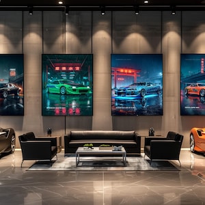 May include: A modern interior space featuring a dark gray sports car on the left and an orange sports car on the right. Four large rectangular wall art prints depict various sports cars in urban settings with red neon accents and Japanese text.