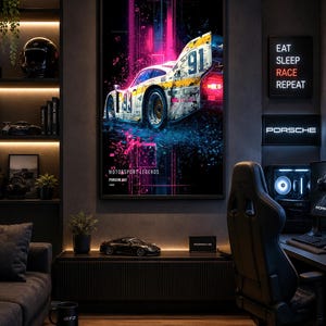May include: A vertical wall poster featuring a white and yellow Porsche 962 race car with the number 91, set against a dark background with vibrant pink and blue light streaks. The text reads MOTORSPORT LEGENDS PORSCHE 962 1986 at the bottom.