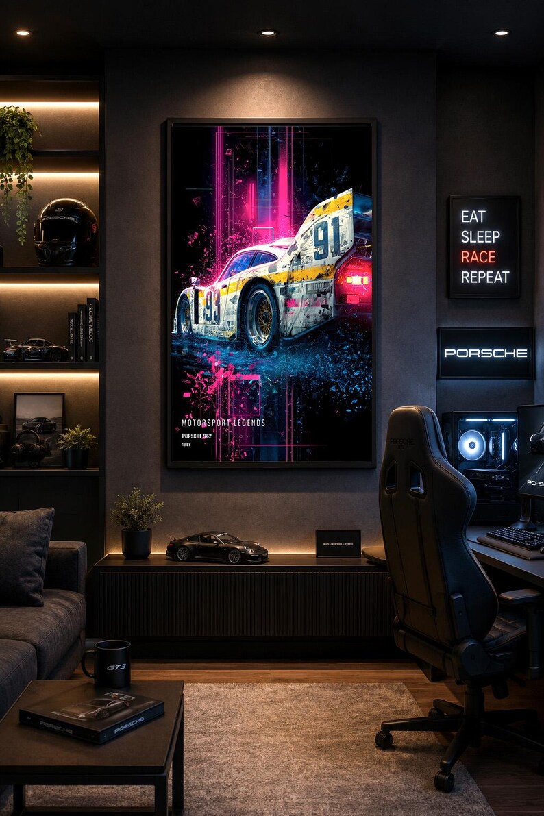 May include: A vertical wall poster featuring a white and yellow Porsche 962 race car with the number 91, set against a dark background with vibrant pink and blue light streaks. The text reads MOTORSPORT LEGENDS PORSCHE 962 1986 at the bottom.