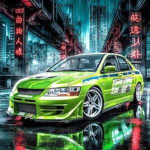 May include: A lime green Mitsubishi Lancer Evo VII sedan with blue side decals and silver wheels, parked on a wet city street at night. The text reads STREET LEGENDS, LANCER EVO VII, 2002 MITSUBISHI AWD TURBO, MIDNIGHT STREET SERIES, and No.03.