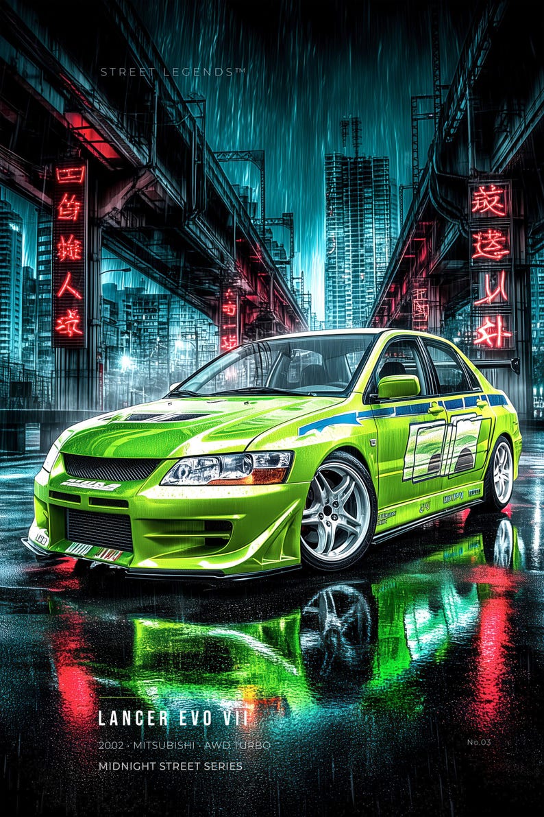 May include: A lime green Mitsubishi Lancer Evo VII sedan with blue side decals and silver wheels, parked on a wet city street at night. The text reads STREET LEGENDS, LANCER EVO VII, 2002 MITSUBISHI AWD TURBO, MIDNIGHT STREET SERIES, and No.03.
