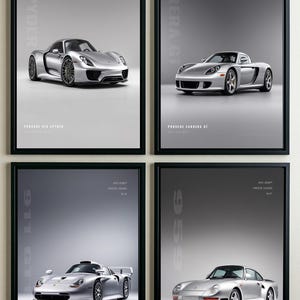 May include: A set of four framed vertical posters featuring silver Porsche sports cars. Each print displays a specific model: 918 Spyder, Carrera GT, 911 GT1, and 959. The text includes Apex Icons, Porsche Legends, and the model names.