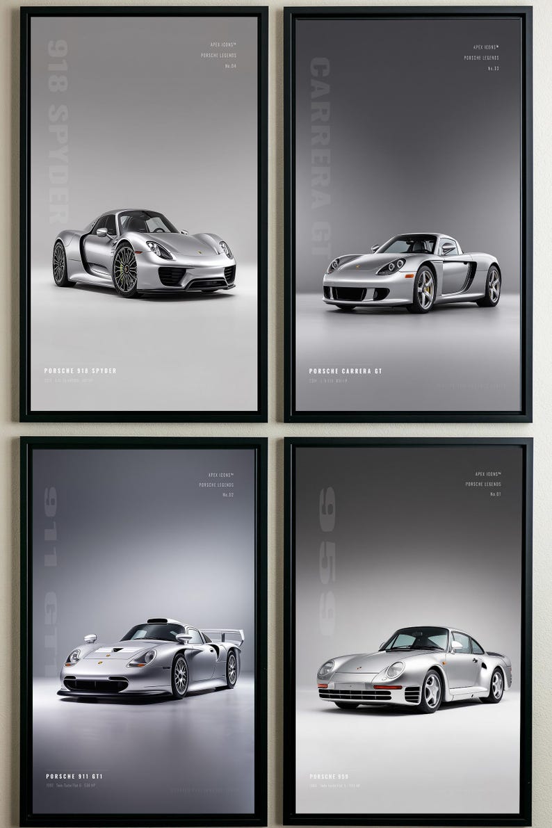 May include: A set of four framed vertical posters featuring silver Porsche sports cars. Each print displays a specific model: 918 Spyder, Carrera GT, 911 GT1, and 959. The text includes Apex Icons, Porsche Legends, and the model names.