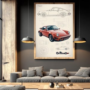 May include: A framed wall art print featuring a technical blueprint of a Porsche 911. The artwork displays a detailed red car illustration centered among various line drawings, including side profiles, top views, and mechanical components.