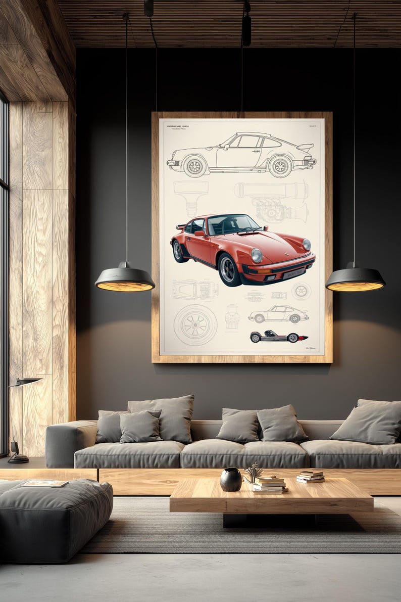 May include: A framed wall art print featuring a technical blueprint of a Porsche 911. The artwork displays a detailed red car illustration centered among various line drawings, including side profiles, top views, and mechanical components.