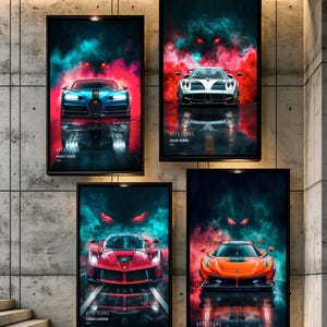 Op de afbeelding: Vier rechthoekige wandposters met de titel APEX ICONS, met daarop high-performance sportwagens: een blauwe Bugatti Chiron, een witte Pagani Huayra, een rode Ferrari LaFerrari en een oranje Koenigsegg Jesko tegen een donkere, rokerige achtergrond.