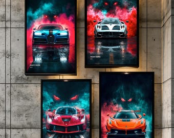 May include: Four rectangular wall art prints titled APEX ICONS featuring high-performance sports cars: a blue Bugatti Chiron, a white Pagani Huayra, a red Ferrari LaFerrari, and an orange Koenigsegg Jesko, all set against dark, smoky backgrounds.