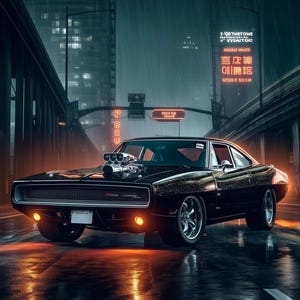 May include: A black Dodge Charger R/T with a prominent supercharged V8 engine protruding from the hood. The car features a classic grille, round headlights, and chrome wheels, set against a rainy city street with neon signs and text.