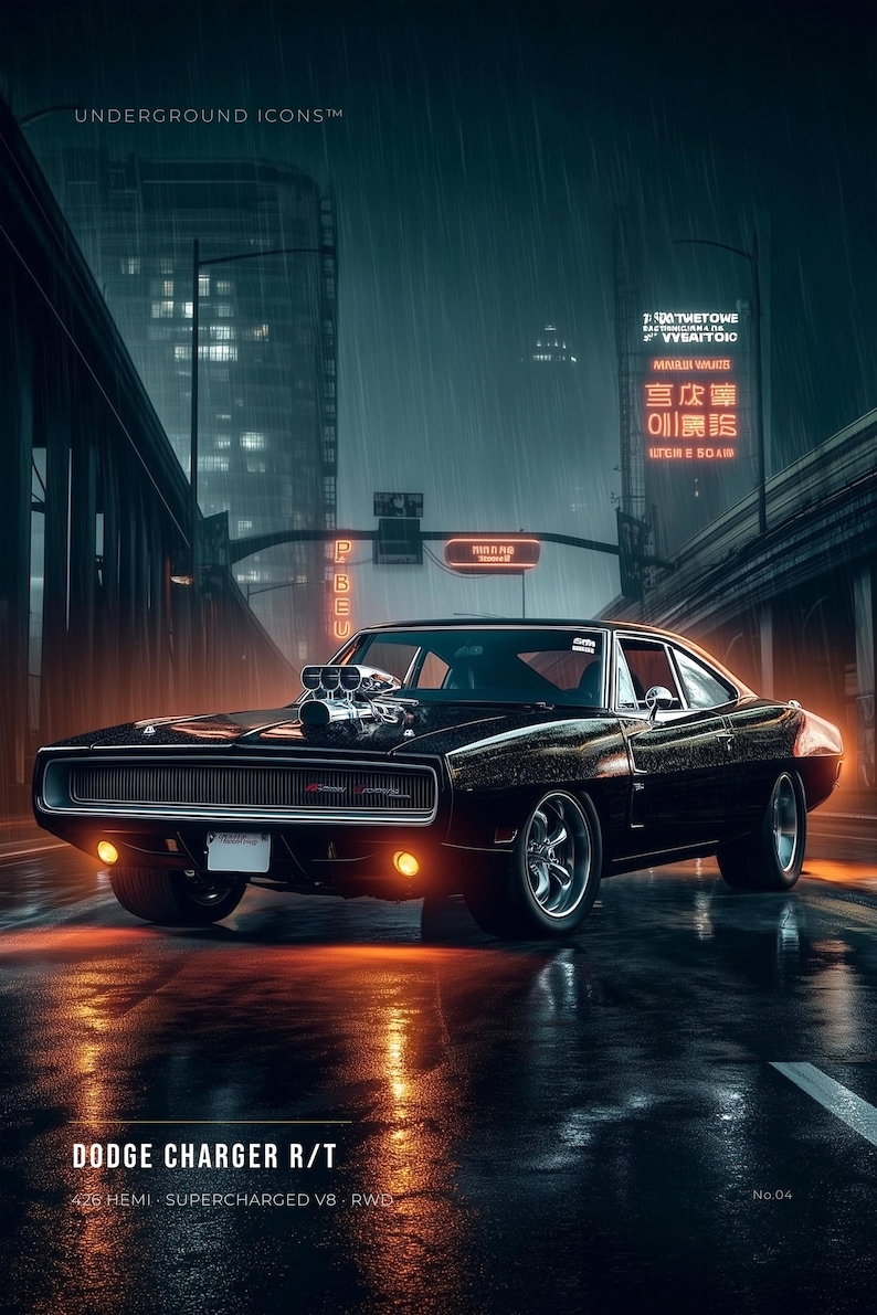 May include: A black Dodge Charger R/T with a prominent supercharged V8 engine protruding from the hood. The car features a classic grille, round headlights, and chrome wheels, set against a rainy city street with neon signs and text.