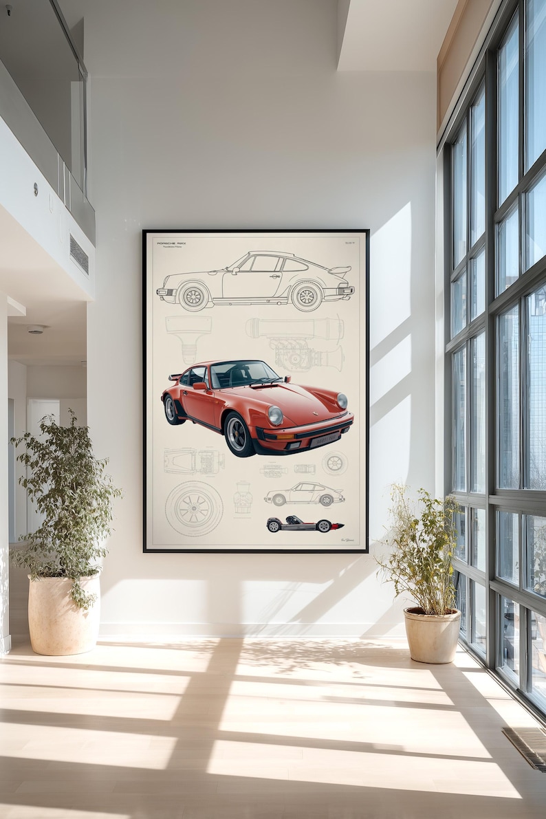 May include: A framed wall art print featuring a technical blueprint of a Porsche 911. The poster displays a detailed red car illustration centered among various line drawings, including side profiles, wheel designs, and engine components.