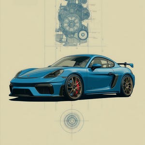 Puede incluir: Una ilustraci&oacute;n de un coche deportivo azul sobre fondo beige con planos t&eacute;cnicos de un motor arriba y un diagrama circular abajo. El texto incluye ENGINEERING ICONS, 718 CAYMAN GT4 RS, TRACK ENGINEERED, 4.0L FLAT-SIX, 500 PS, RWD y Technical Illustration Series.