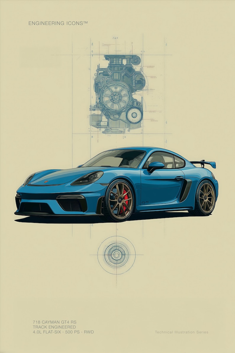 Puede incluir: Una ilustraci&oacute;n de un coche deportivo azul sobre fondo beige con planos t&eacute;cnicos de un motor arriba y un diagrama circular abajo. El texto incluye ENGINEERING ICONS, 718 CAYMAN GT4 RS, TRACK ENGINEERED, 4.0L FLAT-SIX, 500 PS, RWD y Technical Illustration Series.