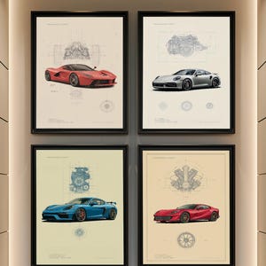 Puede incluir: Un conjunto de cuatro l&aacute;minas de arte mural enmarcadas con ilustraciones automotrices t&eacute;cnicas. Cada l&aacute;mina muestra un coche deportivo de color&mdash;rojo, plateado, azul y rojo&mdash;sobre esquemas mec&aacute;nicos de motor y diagramas de ruedas en azul.