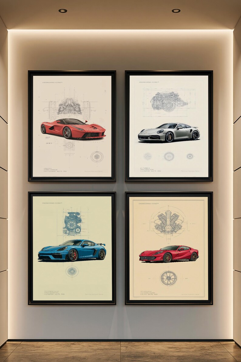 Puede incluir: Un conjunto de cuatro l&aacute;minas de arte mural enmarcadas con ilustraciones automotrices t&eacute;cnicas. Cada l&aacute;mina muestra un coche deportivo de color&mdash;rojo, plateado, azul y rojo&mdash;sobre esquemas mec&aacute;nicos de motor y diagramas de ruedas en azul.