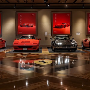 May include: A display of four sports cars parked in a row on a polished floor. Three cars are red and one is black. Above each car, a red poster features a matching vehicle. A yellow and black emblem is embedded in the center of the floor.
