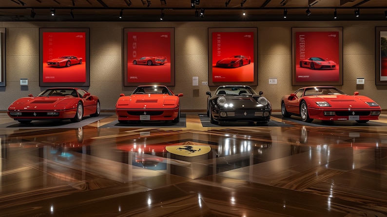 May include: A display of four sports cars parked in a row on a polished floor. Three cars are red and one is black. Above each car, a red poster features a matching vehicle. A yellow and black emblem is embedded in the center of the floor.