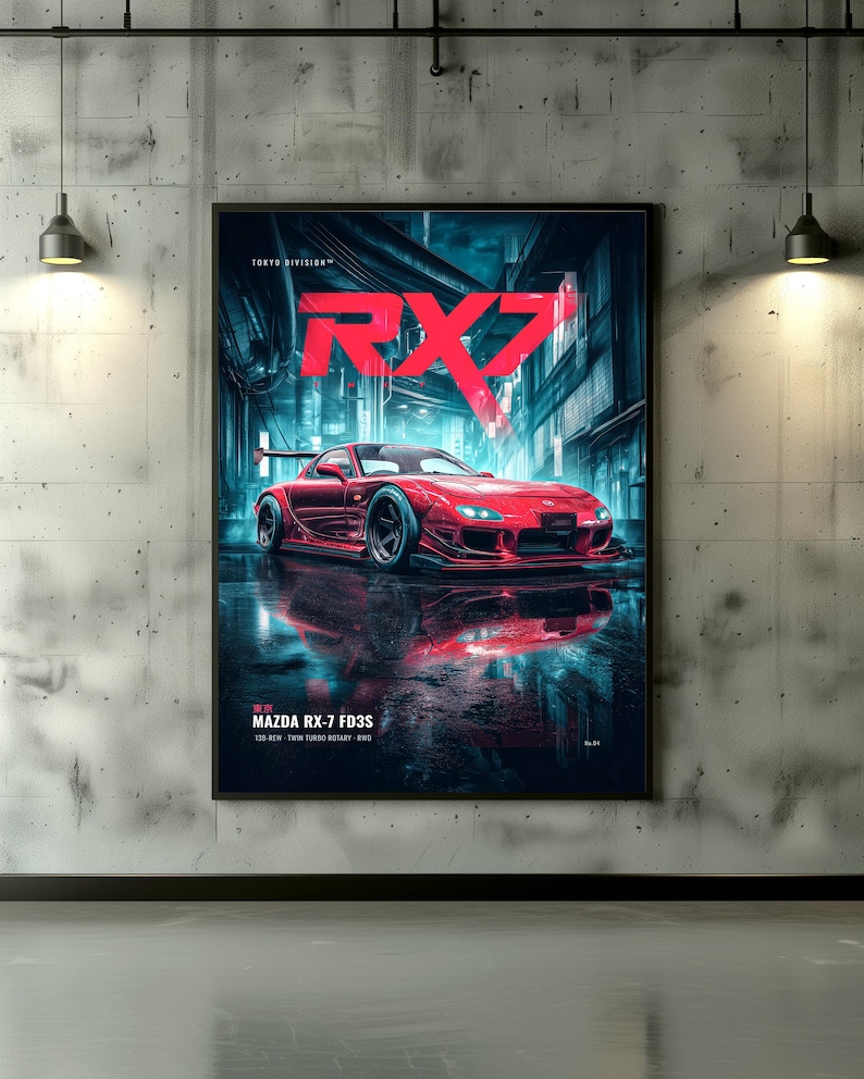 May include: A rectangular wall poster featuring a red Mazda RX-7 FD3S sports car parked on a wet street at night. The text reads TOKYO DIVISION, RX7, and MAZDA RX-7 FD3S 13B-REW TWIN TURBO ROTARY RWD. The car is reflected in the dark, glossy ground.