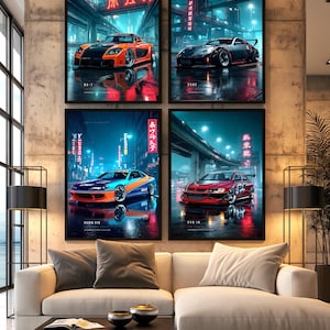 May include: Four framed wall art prints featuring Japanese street culture cars: an orange RX-7, a black 350Z, a blue and orange Silvia S15, and a red EVO IX. Each print displays a sports car in a neon-lit urban setting with Japanese text characters.