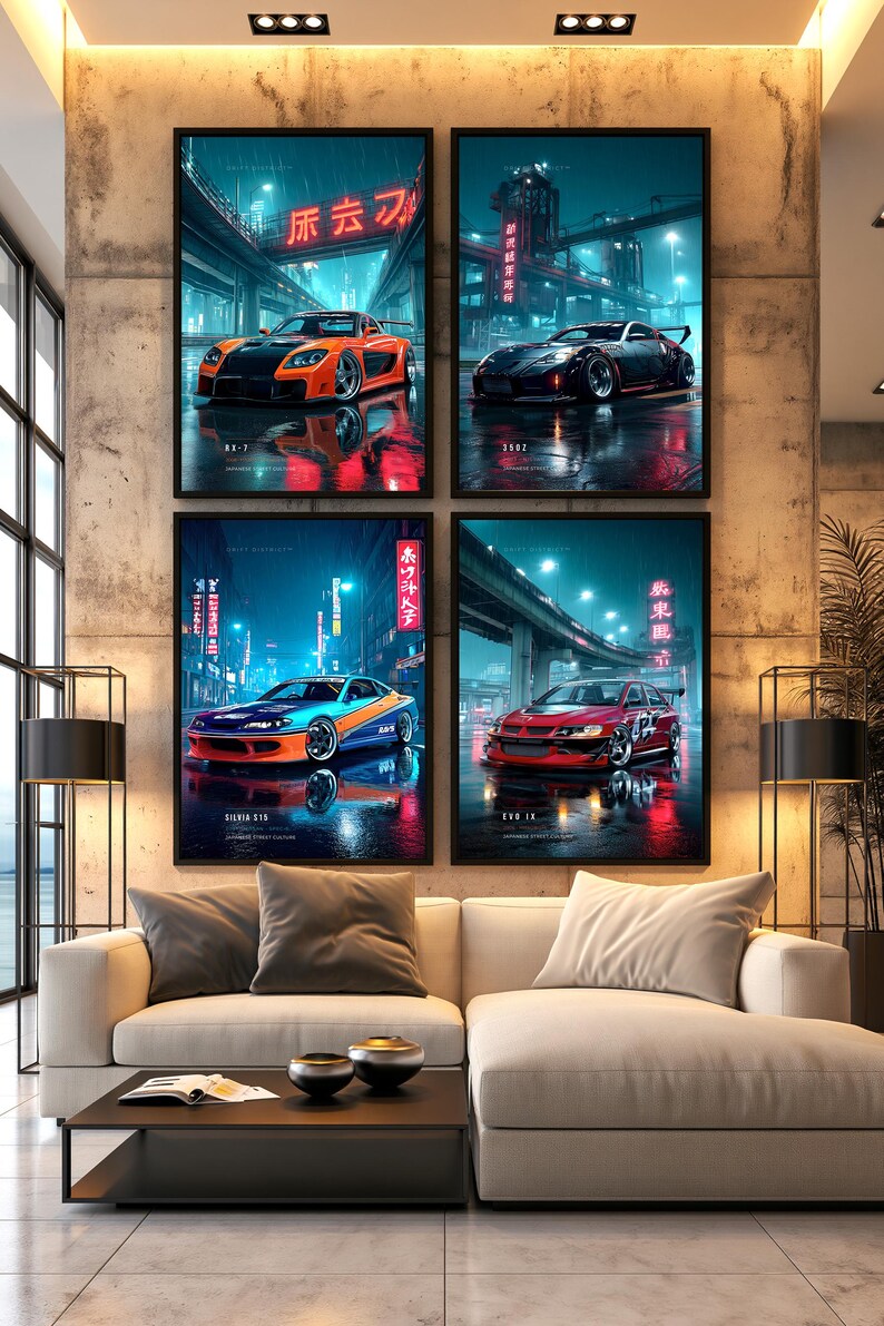 May include: Four framed wall art prints featuring Japanese street culture cars: an orange RX-7, a black 350Z, a blue and orange Silvia S15, and a red EVO IX. Each print displays a sports car in a neon-lit urban setting with Japanese text characters.