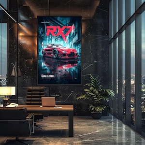 May include: A framed vertical wall poster featuring a red Mazda RX-7 FD3S sports car parked in a dark, neon-lit urban alleyway. The text RX7 is displayed in large red letters at the top, with MAZDA RX-7 FD3S printed in white at the bottom.
