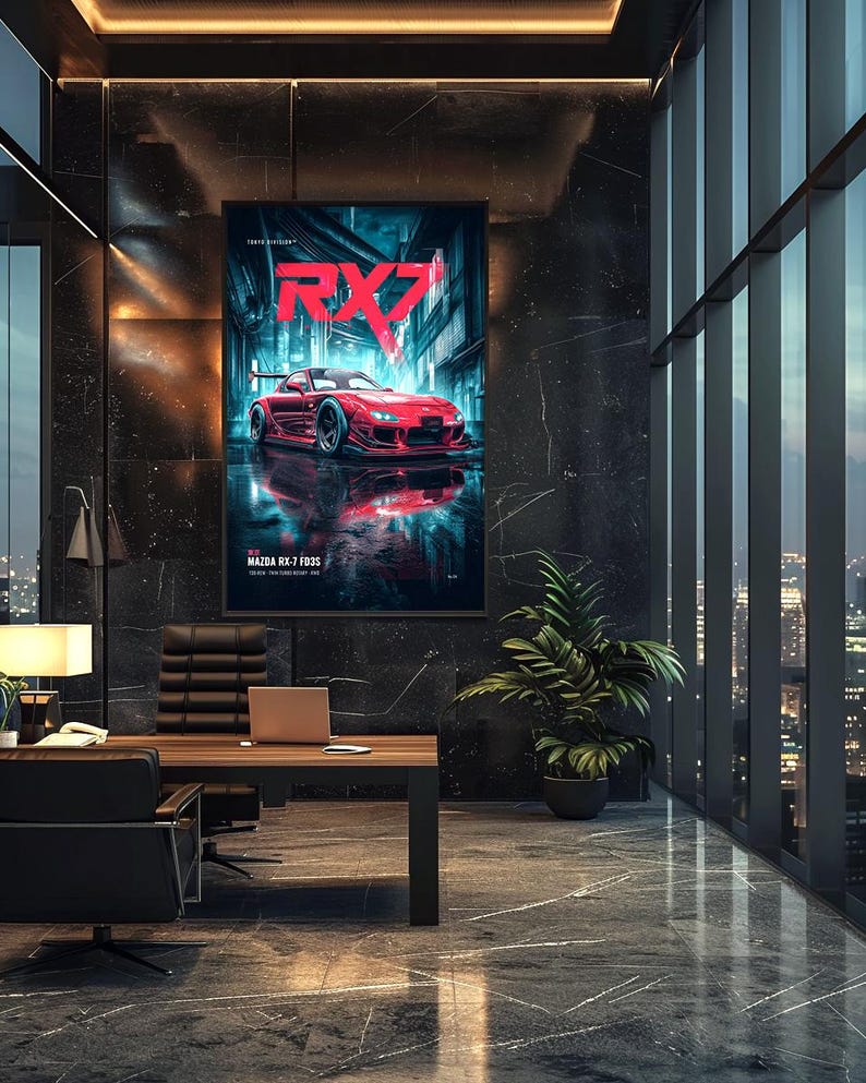 May include: A framed vertical wall poster featuring a red Mazda RX-7 FD3S sports car parked in a dark, neon-lit urban alleyway. The text RX7 is displayed in large red letters at the top, with MAZDA RX-7 FD3S printed in white at the bottom.
