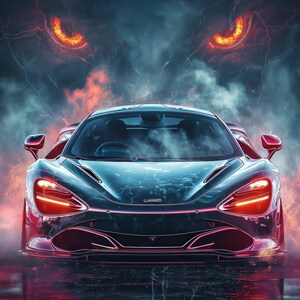 May include: A 2019 McLaren 720S sports car in a dark finish with glowing red headlights, positioned beneath a large, fiery, glowing-eyed creature silhouette in a smoky, dark atmosphere. The text APEX ICONS MCLAREN 720S 2019 is visible at the bottom.