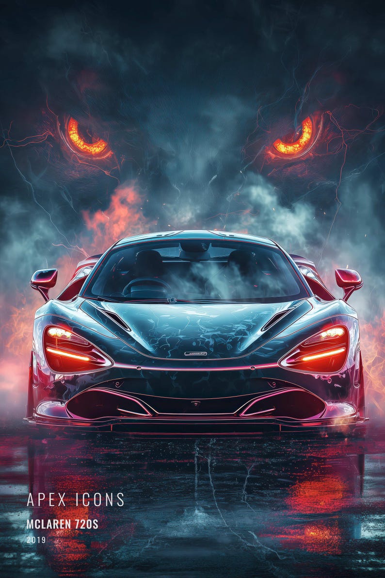May include: A 2019 McLaren 720S sports car in a dark finish with glowing red headlights, positioned beneath a large, fiery, glowing-eyed creature silhouette in a smoky, dark atmosphere. The text APEX ICONS MCLAREN 720S 2019 is visible at the bottom.