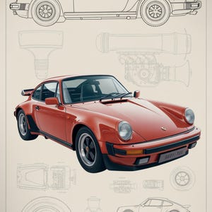 May include: A technical print featuring a red Porsche 911 sports car in the center, surrounded by various line drawings of the vehicle's profile, engine components, and wheels. The text PORSCHE 911 is visible in the top left corner of the poster.