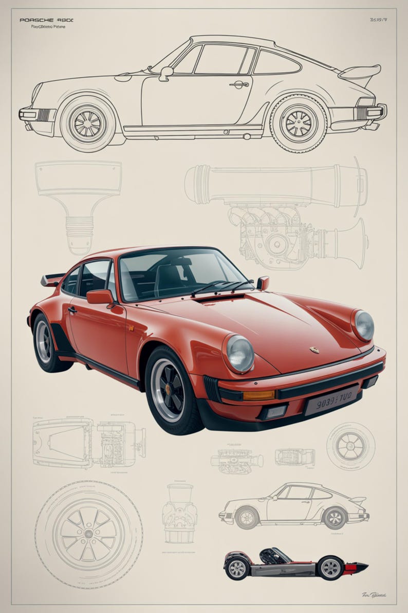 May include: A technical print featuring a red Porsche 911 sports car in the center, surrounded by various line drawings of the vehicle's profile, engine components, and wheels. The text PORSCHE 911 is visible in the top left corner of the poster.