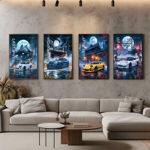 May include: Four vertical wall art prints featuring sports cars in night settings under a full moon. The prints are titled Last Fuel with a white car, Night Wash with a blue car, After Hours with a yellow car, and Last Crossing with a white car.
