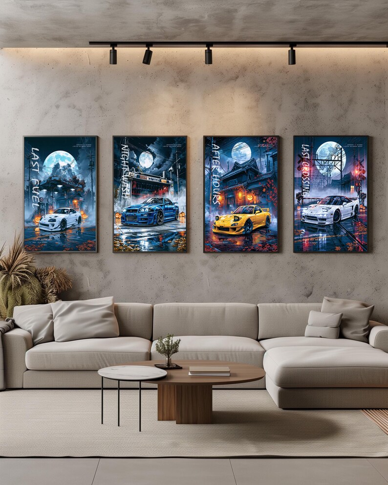 May include: Four vertical wall art prints featuring sports cars in night settings under a full moon. The prints are titled Last Fuel with a white car, Night Wash with a blue car, After Hours with a yellow car, and Last Crossing with a white car.