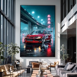 May include: A large rectangular wall art print featuring a red Mitsubishi Lancer Evolution IX parked on a wet city street at night. The scene includes neon signs, an overhead highway, and the text "DRIFT DISTRICT", "EVO IX", and "JAPANESE STREET CULTURE".