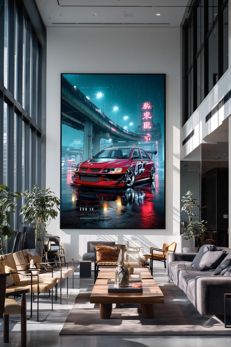 May include: A large rectangular wall art print featuring a red Mitsubishi Lancer Evolution IX parked on a wet city street at night. The scene includes neon signs, an overhead highway, and the text "DRIFT DISTRICT", "EVO IX", and "JAPANESE STREET CULTURE".