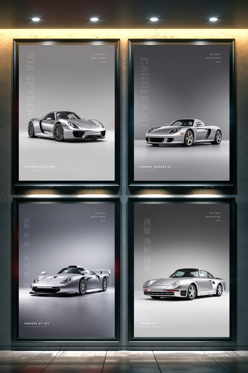 May include: A set of four framed posters featuring silver Porsche sports cars. The prints display the 918 Spyder, Carrera GT, 911 GT1, and 959 models, each labeled with its name and the text Apex Icons Porsche Legends.