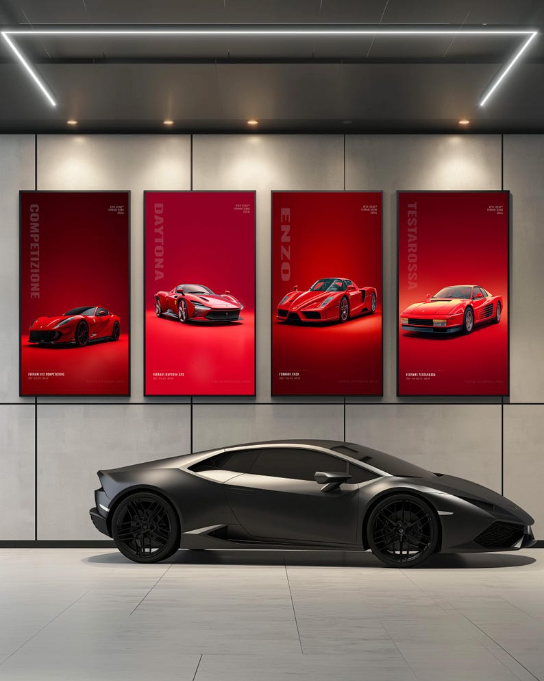 Ferrari Poster Set of 4, Enzo Testarossa 812 Daytona SP3 Wall Art Digital Download, Supercar Print, Car Enthusiast Gift Printable image 8