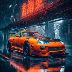 May include: An orange Toyota Supra MK4 sports car with a black hood and rear spoiler parked on a wet street at night. The scene features bright red neon signage with Japanese characters above the vehicle and rain falling in the dark environment.