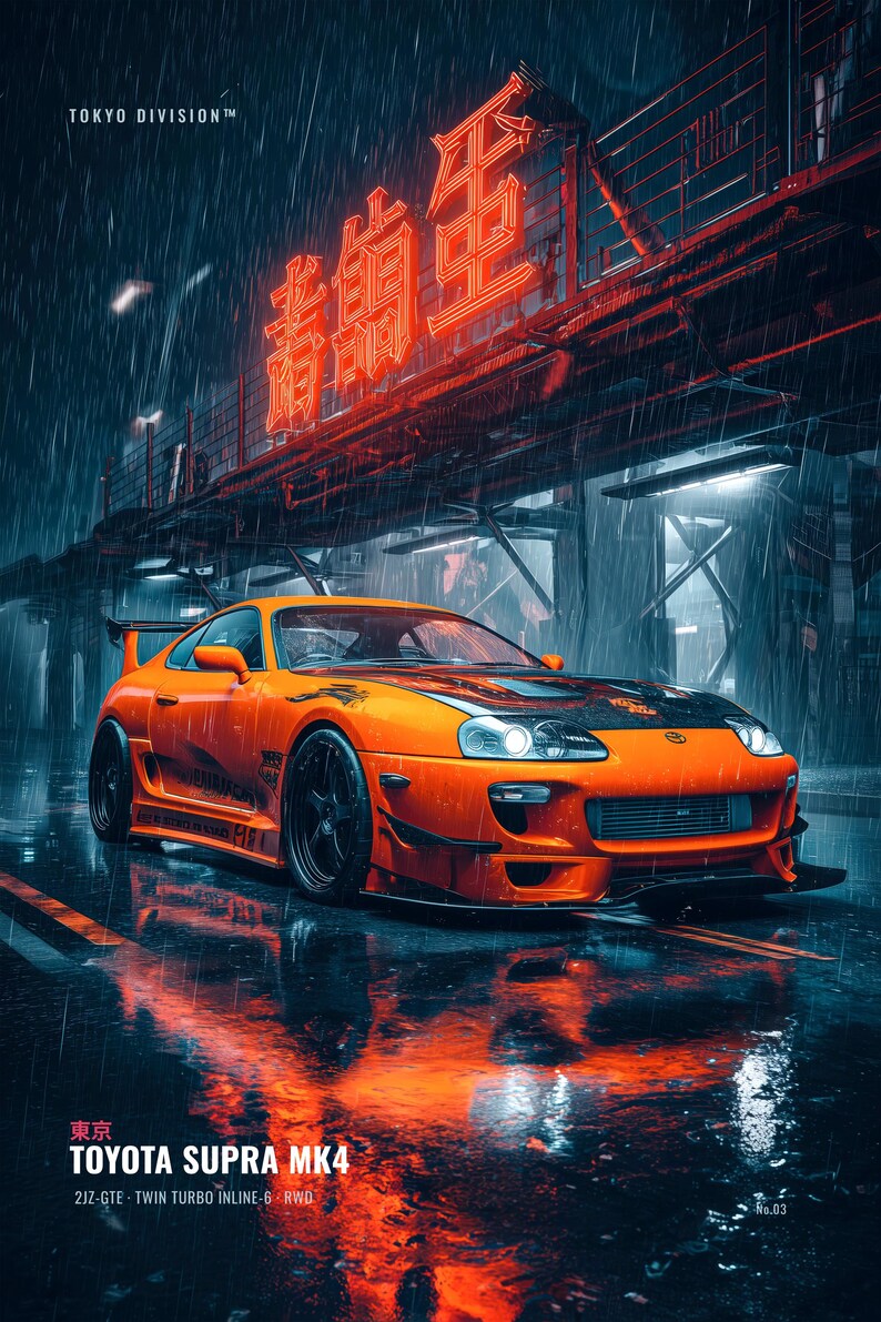 May include: An orange Toyota Supra MK4 sports car with a black hood and rear spoiler parked on a wet street at night. The scene features bright red neon signage with Japanese characters above the vehicle and rain falling in the dark environment.