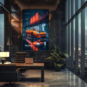 May include: A rectangular wall art print featuring an orange Toyota Supra MK4 parked on a wet city street at night under glowing red neon signs. The artwork includes the text TOKYO DIVISION and TOYOTA SUPRA MK4 in a clean white font.