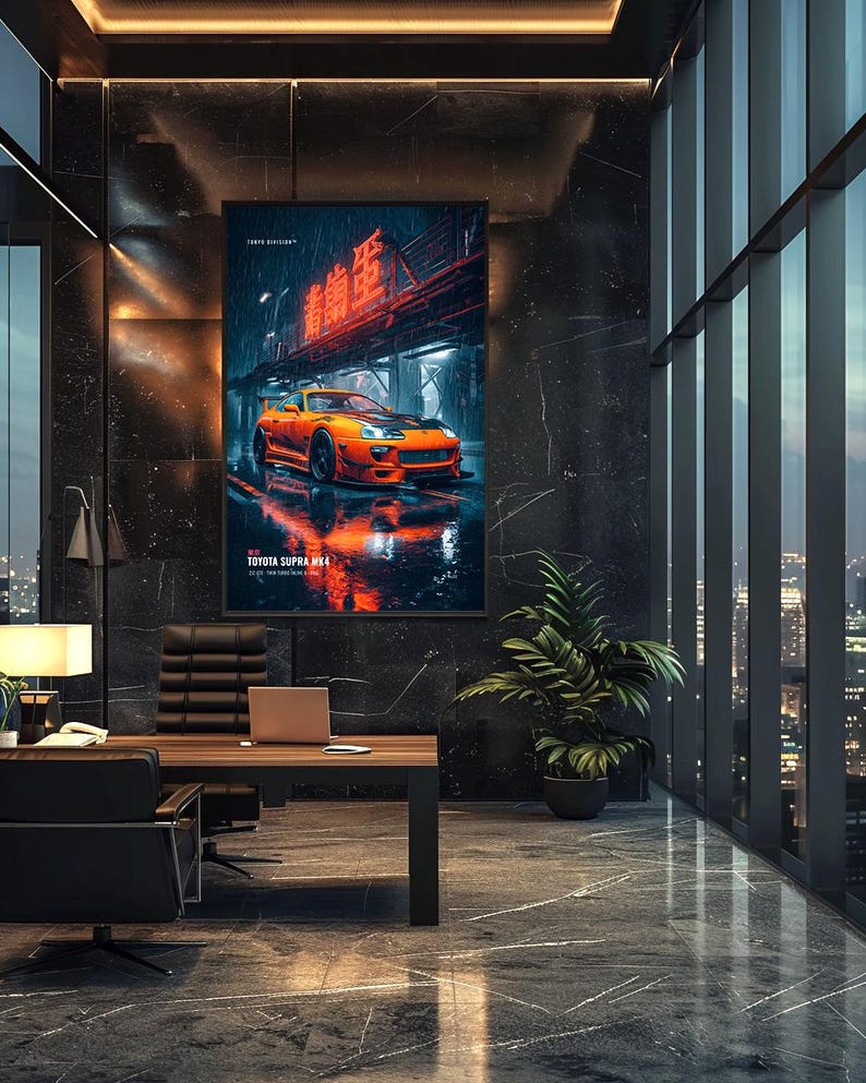May include: A rectangular wall art print featuring an orange Toyota Supra MK4 parked on a wet city street at night under glowing red neon signs. The artwork includes the text TOKYO DIVISION and TOYOTA SUPRA MK4 in a clean white font.