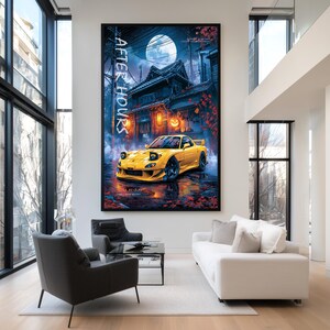 May include: A large rectangular wall art print featuring a yellow sports car parked in front of a traditional Japanese building at night. The scene includes a full moon, glowing lanterns, and the text AFTER HOURS printed vertically in white.