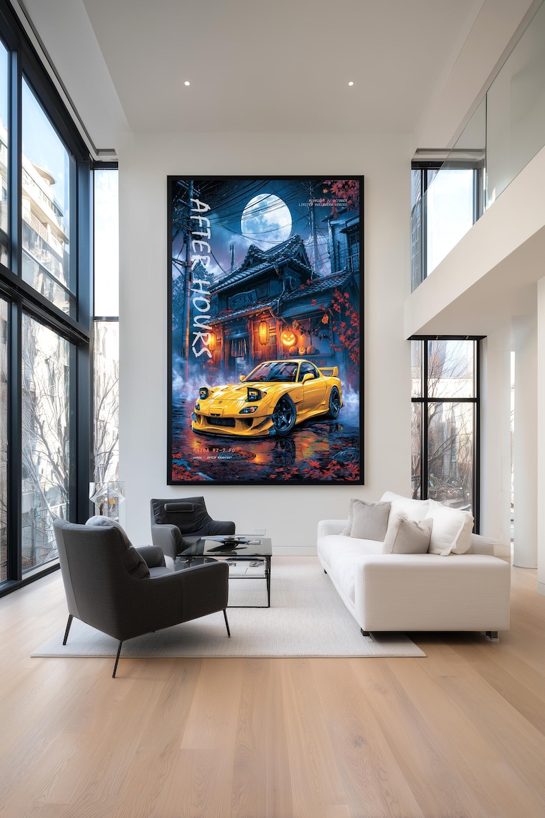 May include: A large rectangular wall art print featuring a yellow sports car parked in front of a traditional Japanese building at night. The scene includes a full moon, glowing lanterns, and the text AFTER HOURS printed vertically in white.