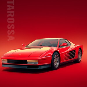 May include: A red Ferrari Testarossa sports car on a red background. Text reads TESTAROSSA, APEX ICONS FERRARI ICONS 1980s, and FERRARI TESTAROSSA 1984 4.9L FLAT-12 390 HP. The car features pop-up headlights, side strakes, and five-spoke wheels.
