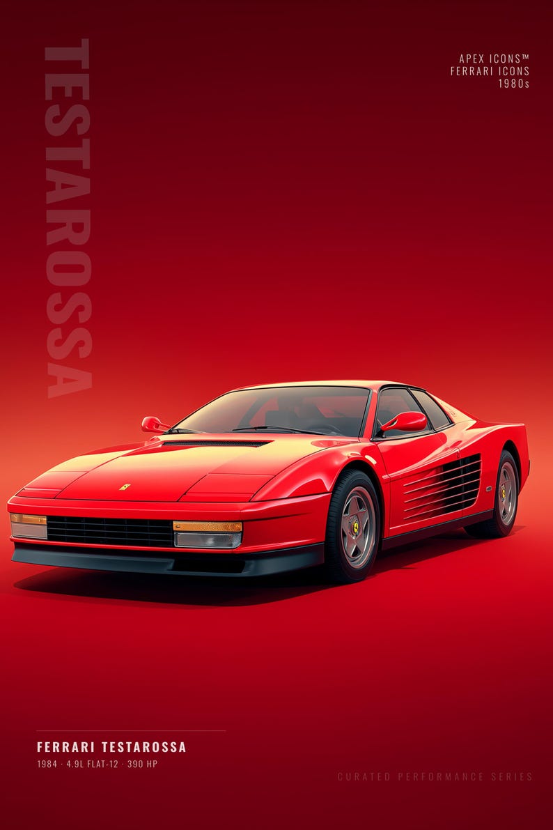 May include: A red Ferrari Testarossa sports car on a red background. Text reads TESTAROSSA, APEX ICONS FERRARI ICONS 1980s, and FERRARI TESTAROSSA 1984 4.9L FLAT-12 390 HP. The car features pop-up headlights, side strakes, and five-spoke wheels.