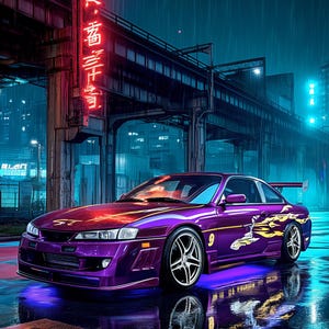 May include: A purple 1997 Nissan 240SX S14 sports car with yellow flame decals and the number 9 on the side. The car features silver wheels, underglow lighting, and a rear spoiler, parked on a wet street under a red neon sign reading STREET LEGENDS.